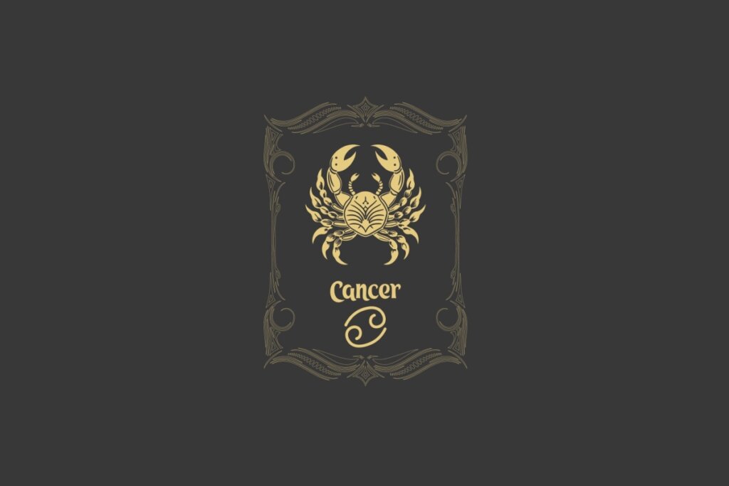 Ilustração do signo de Câncer com um caranguejo dourado estilizado no centro de uma moldura ornamentada sobre fundo escuro