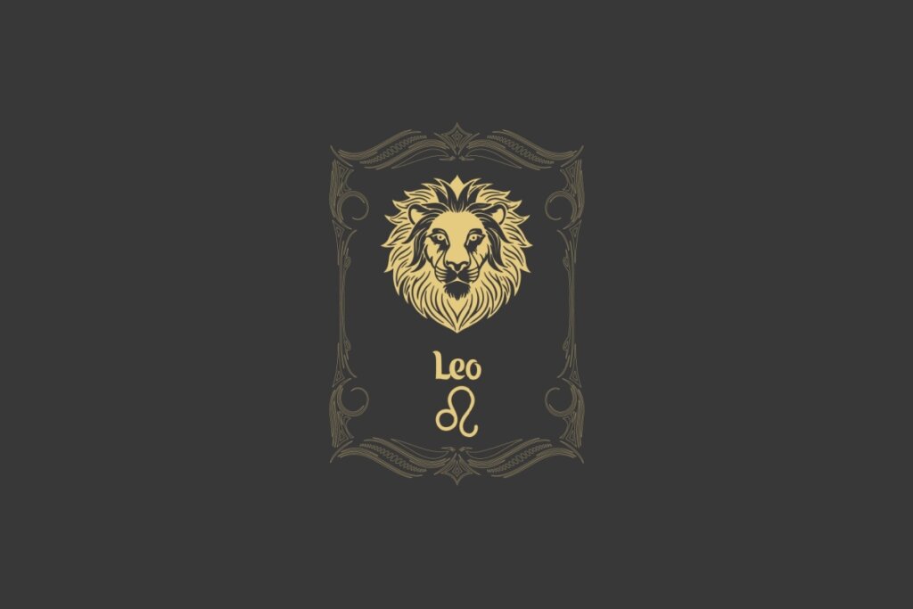 Ilustração do signo de Leão com a cabeça de um leão dourado, emoldurada por elementos decorativos