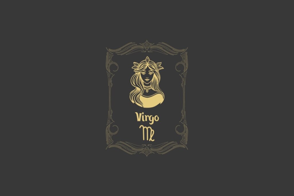 Ilustração do signo de Virgem com a figura de uma mulher dourada, adornada com uma coroa e colar, cercada por uma moldura clássica