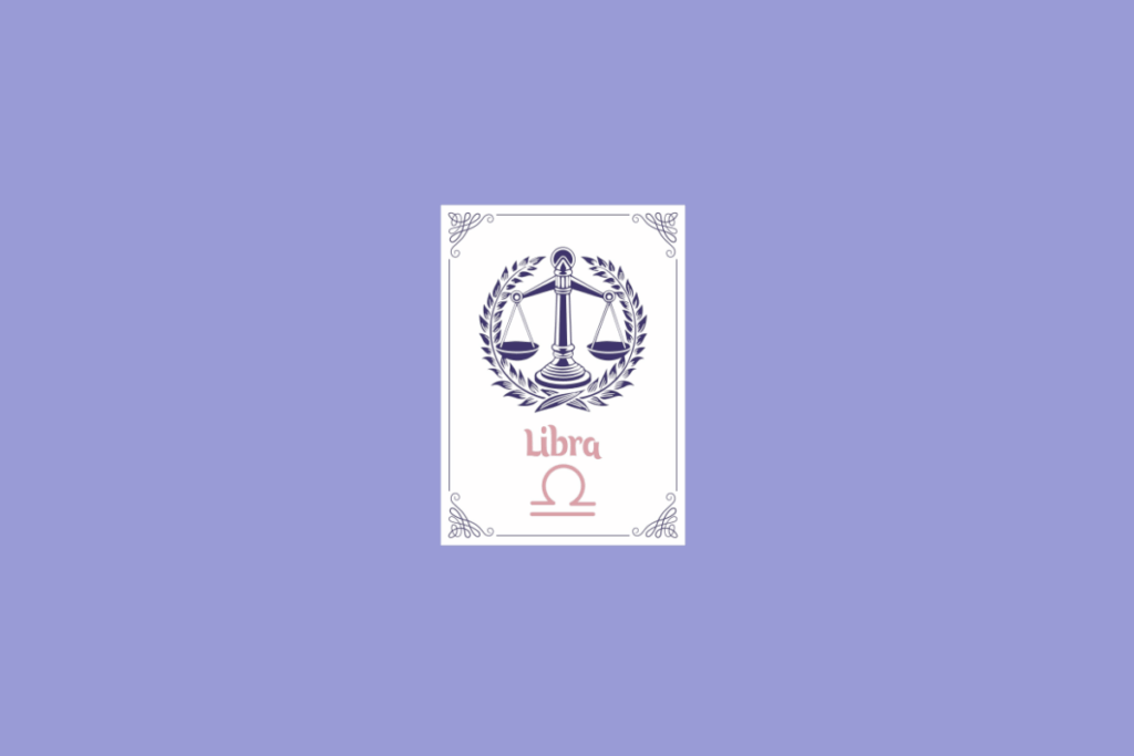 Ilustração do signo de Libra, em fundo lilás, contendo uma carta branca com bordas ornamentadas, uma balança de dois pratos cercada por uma coroa de louros em roxo-escuro e, abaixo, o nome "Libra" e o símbolo do signo em rosa