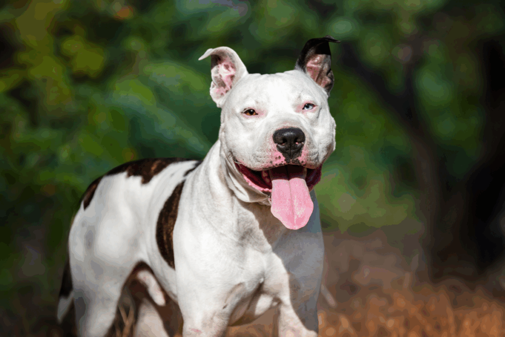 Um american staffordshire terrier de pelagem branca com manchas marrons e olhos de cores diferentes (um azul, um castanho).