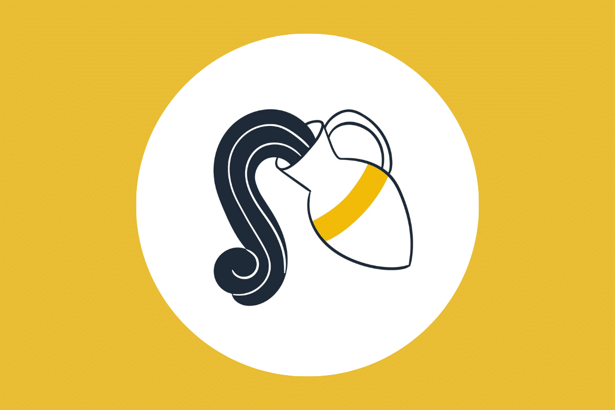 Ilustração minimalista de um jarro de água branco com uma faixa amarela derramando água escura e estilizada, dentro de um círculo branco sobre um fundo dourado.