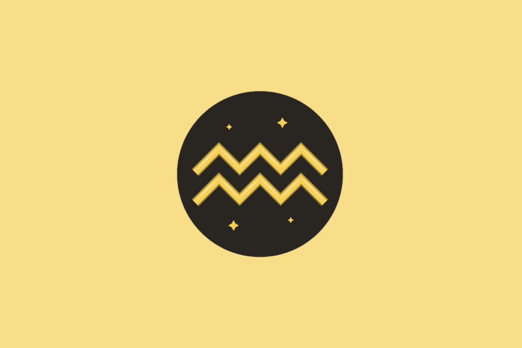 Símbolo do signo de Aquário em um círculo preto sobre fundo amarelo.