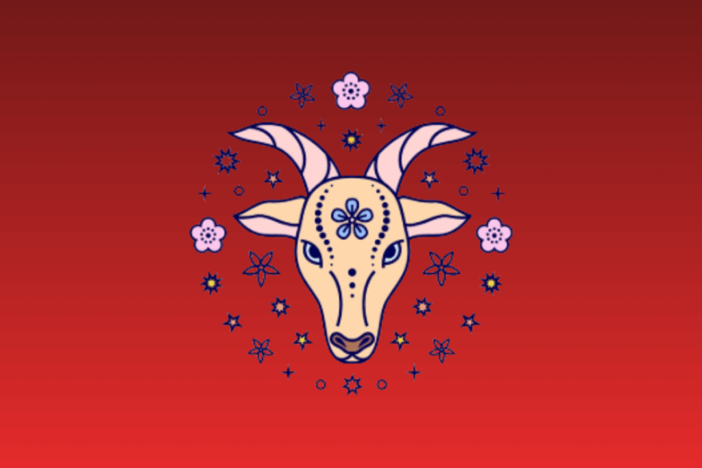 Ilustração estilizada da cabeça de uma cabra bege com chifres curvos e detalhes decorativos, cercada por flores e estrelas sobre fundo vermelho gradiente.