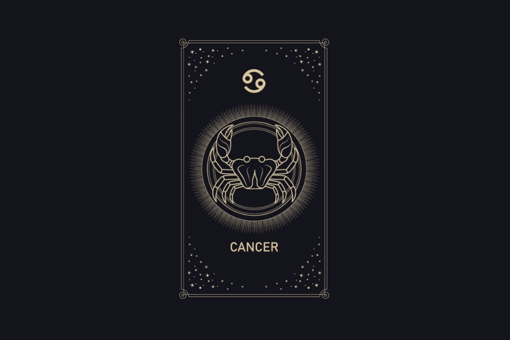 Ilustração em linhas douradas em fundo escuro com a palavra "Cancer". No centro, um caranguejo dentro de um círculo iluminado, com o símbolo de Câncer no topo e estrelas ao redor.