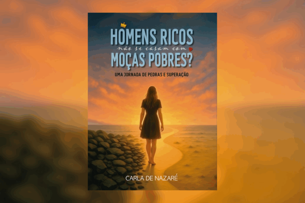 Capa de livro com título e nome do autor escrito em azul e branco e ilustração de uma mulher caminhando em praia com pedras e no por do Sol 