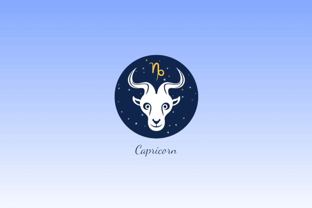Ilustração do signo de Capricórnio com a cabeça de um bode branco de chifres curvados dentro de um círculo azul-escuro estrelado, acompanhado pelo símbolo em amarelo e o nome "Capricorn" escrito abaixo.