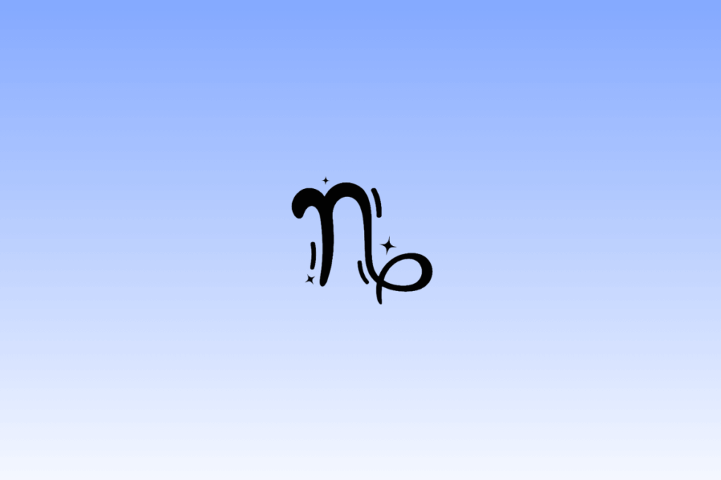 Ícone preto do símbolo do signo de Capricórnio, lembrando a letra "n" com uma alça curva na ponta, centralizado em um fundo com gradiente azul e cercado por pequenas estrelas.