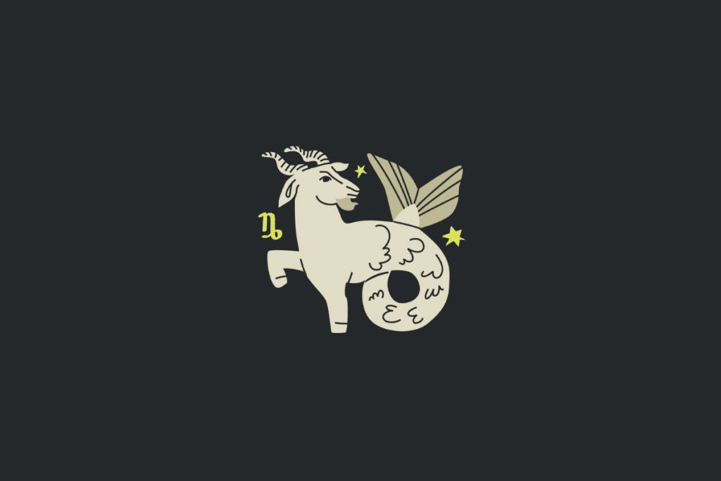 Ilustração minimalista em tom bege sobre fundo cinza-escuro representando o signo de Capricórnio, com uma cabra com rabo de peixe, o símbolo correspondente em amarelo e pequenas estrelas.