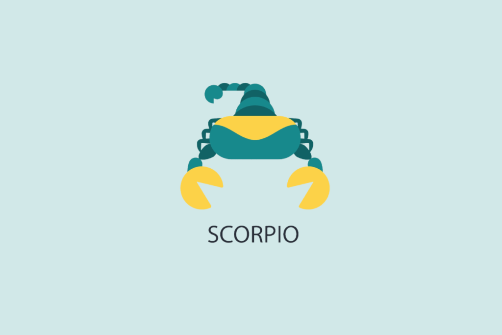 Ilustração vetorial em estilo plano de um escorpião com garras amarelas e cauda curva, sobre um fundo azul-claro com a palavra "SCORPIO" escrita abaixo.