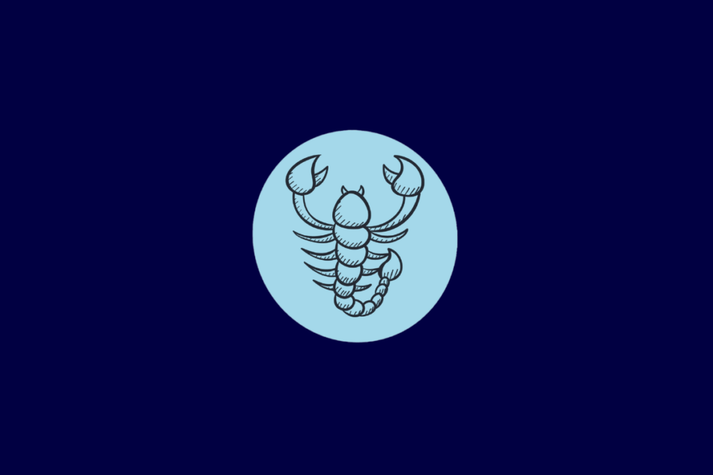 Ilustração no estilo linha preta de um escorpião visto de cima com cauda curvada e garras, centralizada em um círculo azul-claro sobre fundo azul-escuro.
