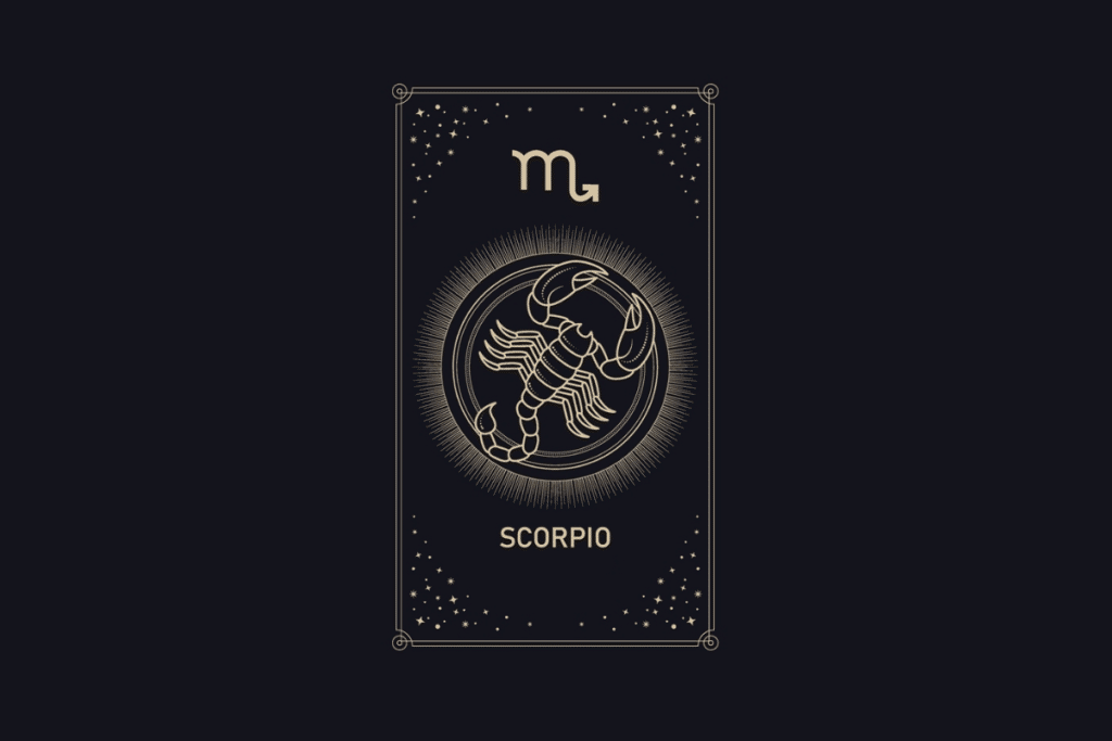 Ilustração em linhas douradas em fundo escuro com a palavra "Scorpio". No centro, um escorpião visto de cima dentro de um círculo iluminado, com o símbolo de Escorpião no topo e estrelas ao redor.