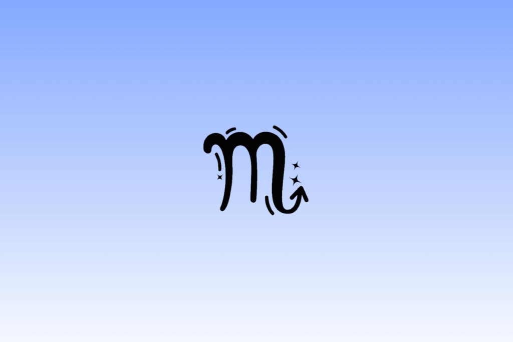 Ícone preto do símbolo do signo de Escorpião, lembrando a letra "m" com uma seta na ponta da última perna, centralizado em um fundo com gradiente azul e cercado por pequenas estrelas.