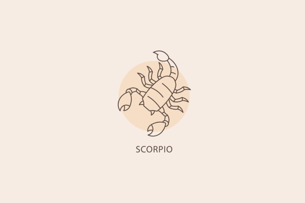 Ilustração em linhas finas de um escorpião com garras e cauda curvada, com um círculo bege ao fundo e a palavra "SCORPIO" abaixo.