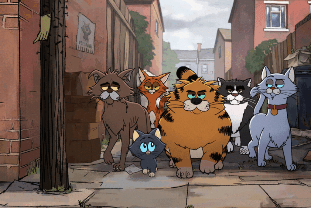 Um desenho de um grupo de seis gatos de cores e tamanhos variados caminhando juntos em um beco urbano, passando por um poste e caixas de papelão.