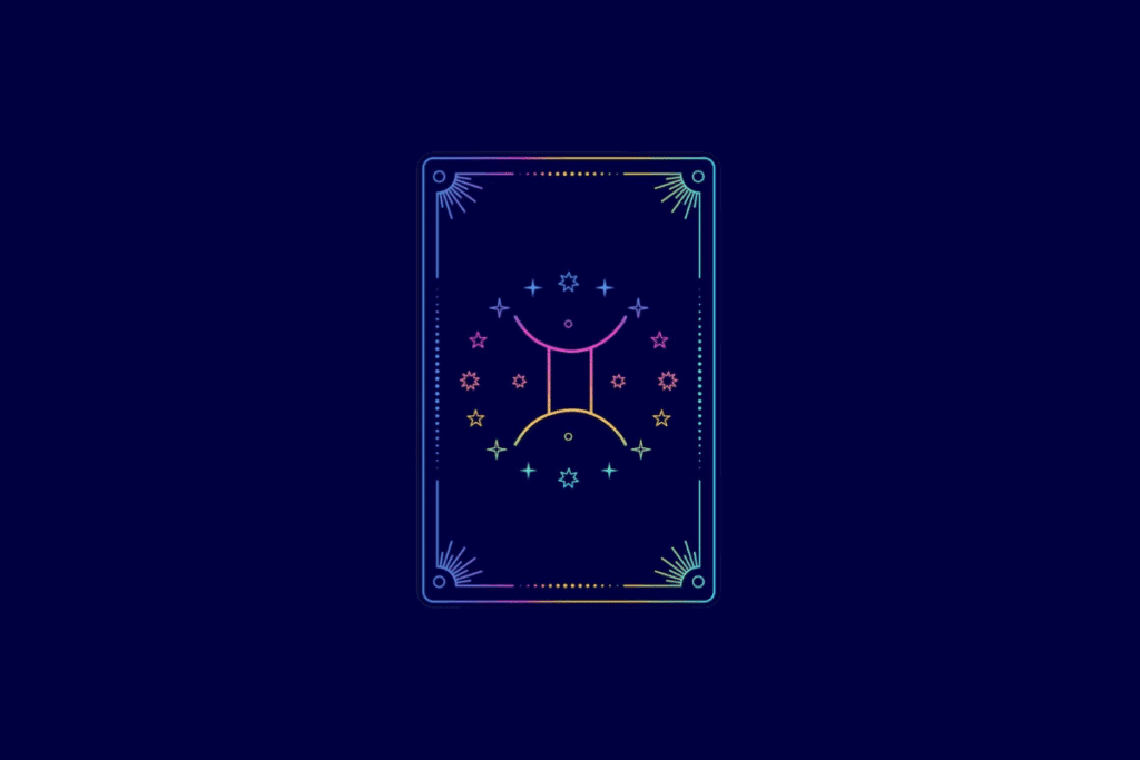 Ilustração no estilo carta de tarot com fundo azul-escuro e moldura retangular em gradiente colorido. No centro, o símbolo do signo de Gêmeos.