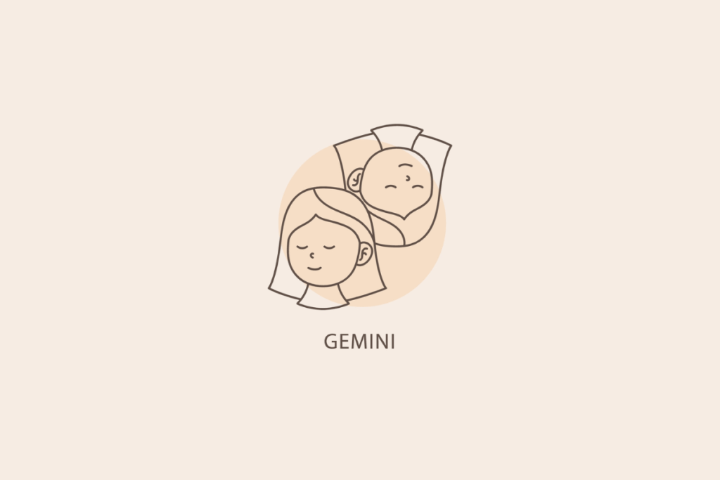 Ilustração em linhas finas do rosto de duas pessoas de olhos fechados posicionadas lado a lado, com um círculo bege ao fundo e a palavra "GEMINI" abaixo.