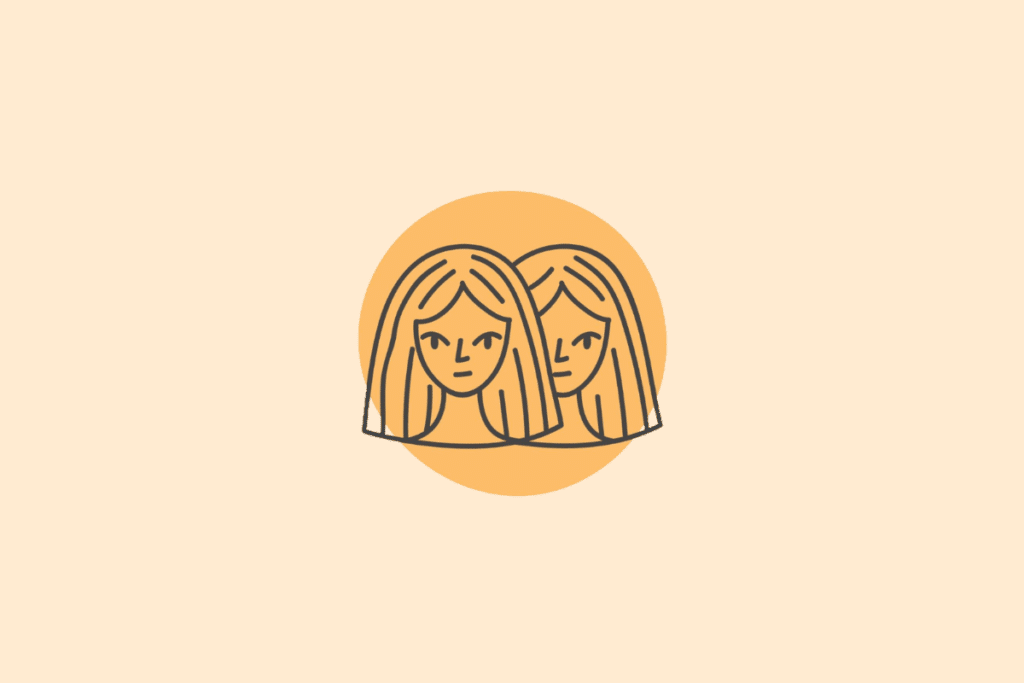 Ilustração minimalista em traços pretos sobre um círculo amarelo-alaranjado, mostrando o rosto de duas pessoas idênticas lado a lado, representando o signo de Gêmeos.