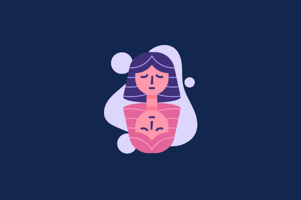 Ilustração do signo de Gêmeos sobre fundo azul-escuro. A imagem mostra dois rostos simétricos e espelhados em tons de rosa e roxo, um virado para cima e o outro para baixo, ambos com os olhos fechados. Ao fundo, há formas fluidas na cor lilás.