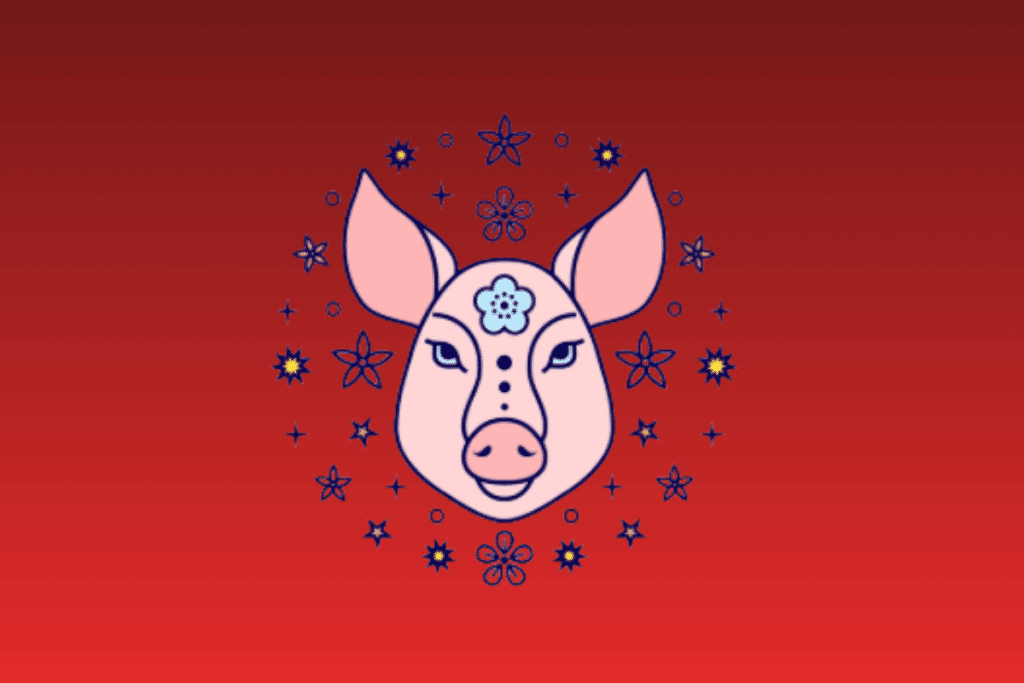 Ilustração estilizada do rosto de um porco ou javali rosa claro com uma flor na testa, cercado por flores e estrelas sobre fundo vermelho gradiente.
