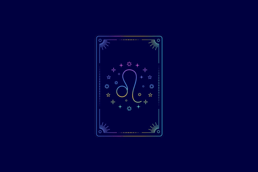 Ilustração no estilo carta de tarot com fundo azul-escuro e moldura retangular em gradiente colorido. No centro, o símbolo do signo de Leão.