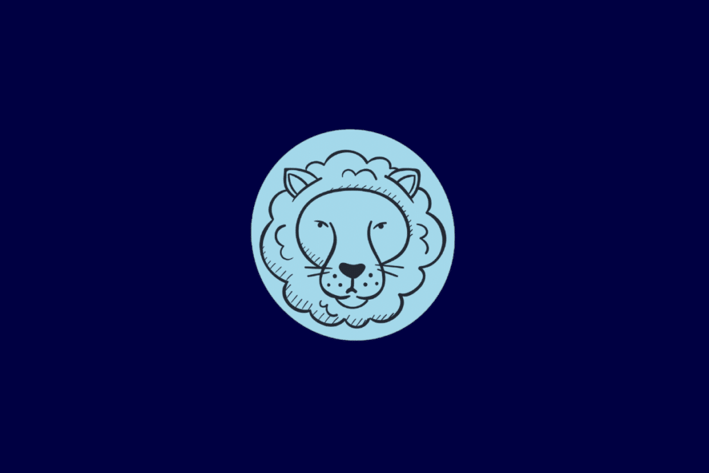 Ilustração no estilo linha preta da cabeça de um leão com juba volumosa, centralizada em um círculo azul-claro sobre fundo azul-escuro.
