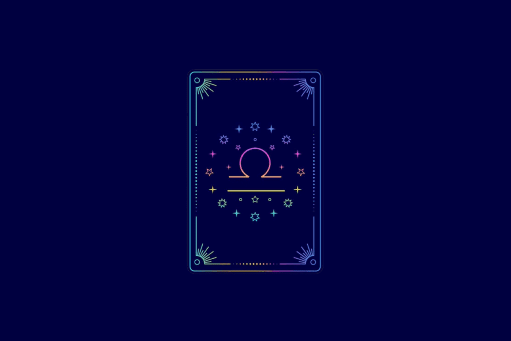 Ilustração no estilo carta de tarot com fundo azul-escuro e moldura retangular em gradiente colorido. No centro, o símbolo do signo de Libra.