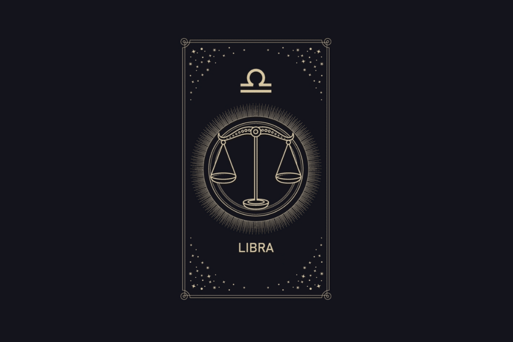 Ilustração em linhas douradas em fundo escuro com a palavra "Libra". No centro, uma balança em equilíbrio dentro de um círculo iluminado, com o símbolo de Libra no topo e estrelas ao redor.