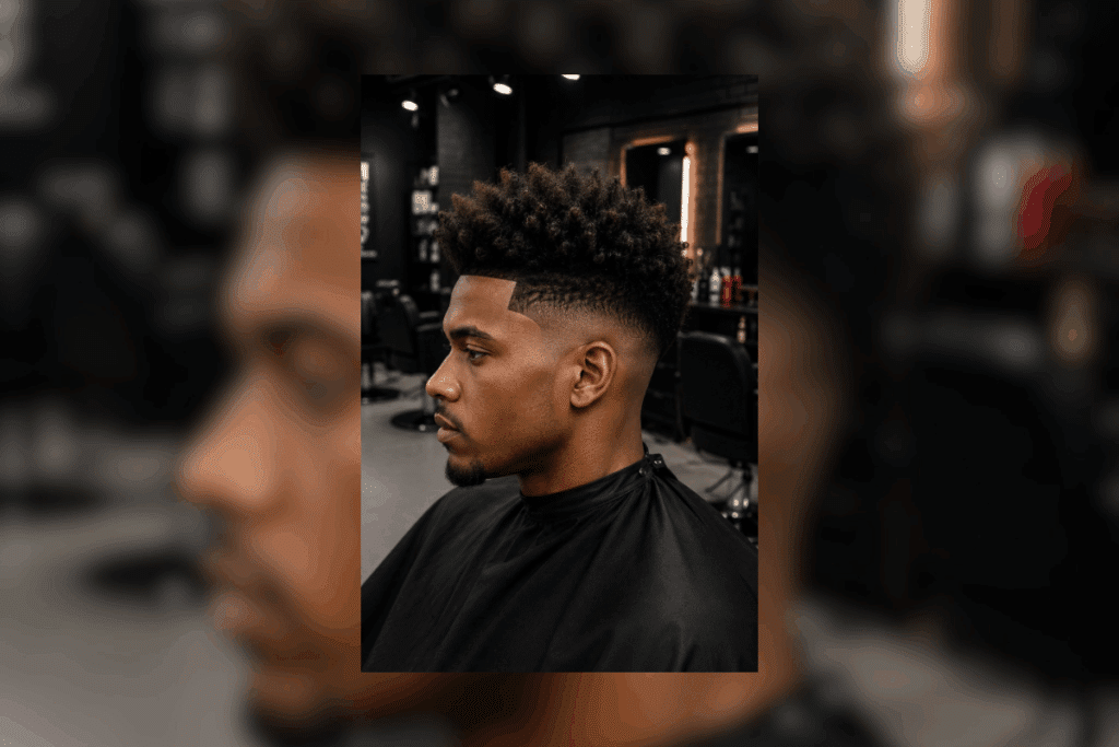Homem com cabelo afro grade , degradê nas laterias e dread, no estilo Nudred, sentado em uma barbearia 
