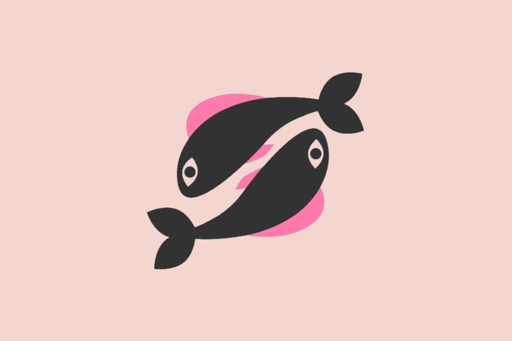 Ilustração estilizada de dois peixes pretos nadando em círculo com detalhes rosa-choque nas barbatanas, sobre um fundo rosa-claro.