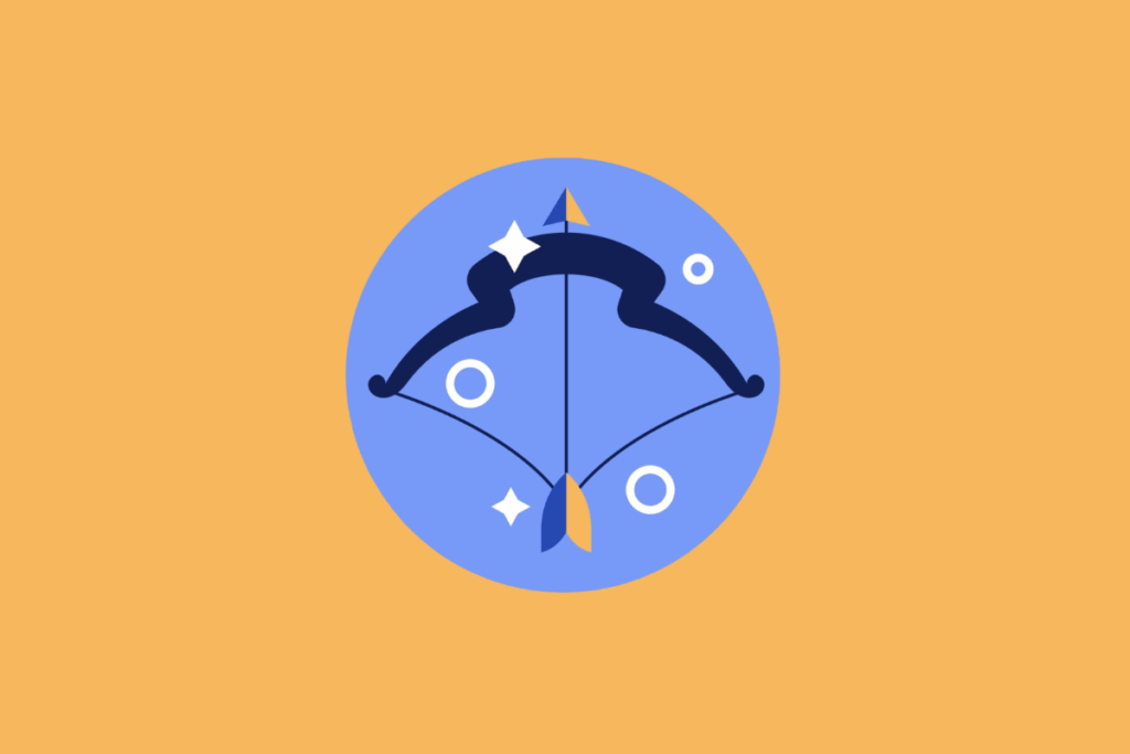 Ilustração vetorial em círculo azul representando o signo de Sagitário. Mostra um arco e flecha estilizados na vertical, apontando para cima, em tons de azul-escuro e laranja. A imagem está centrada em um fundo laranja
