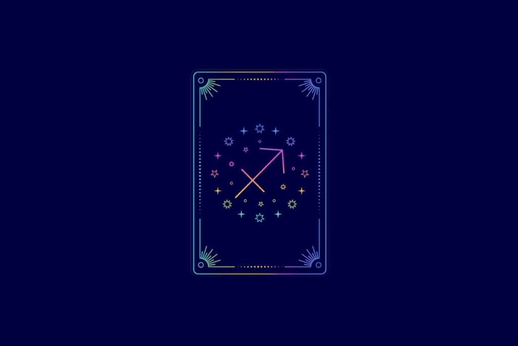 Ilustração no estilo carta de tarot com fundo azul-escuro e moldura retangular em gradiente colorido. No centro, o símbolo do signo de Sagitário.