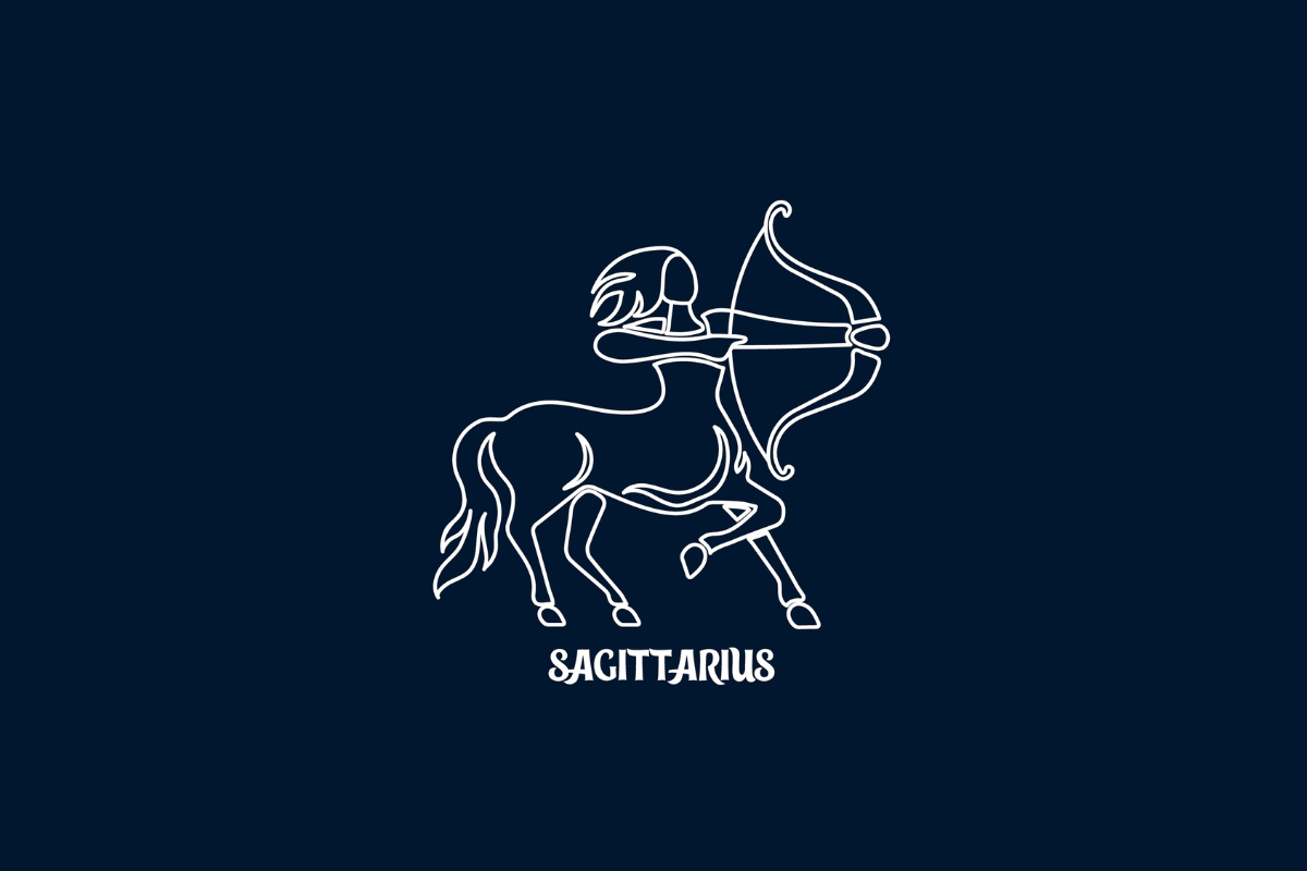 Uma ilustração branca de linha única do signo de Sagitário em um fundo azul escuro, com o texto "SAGITTARIUS" abaixo.