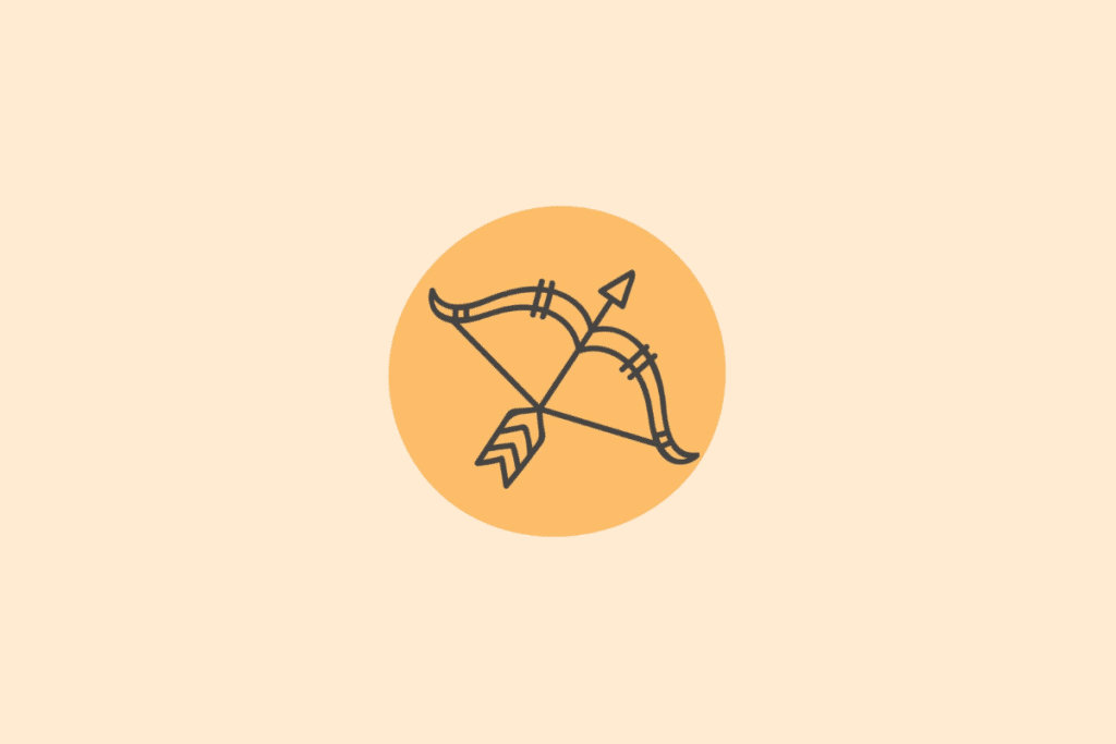 Ilustração minimalista em traços pretos sobre um círculo amarelo-alaranjado, mostrando um arco armado com uma flecha apontando para o alto, representando o signo de Sagitário.