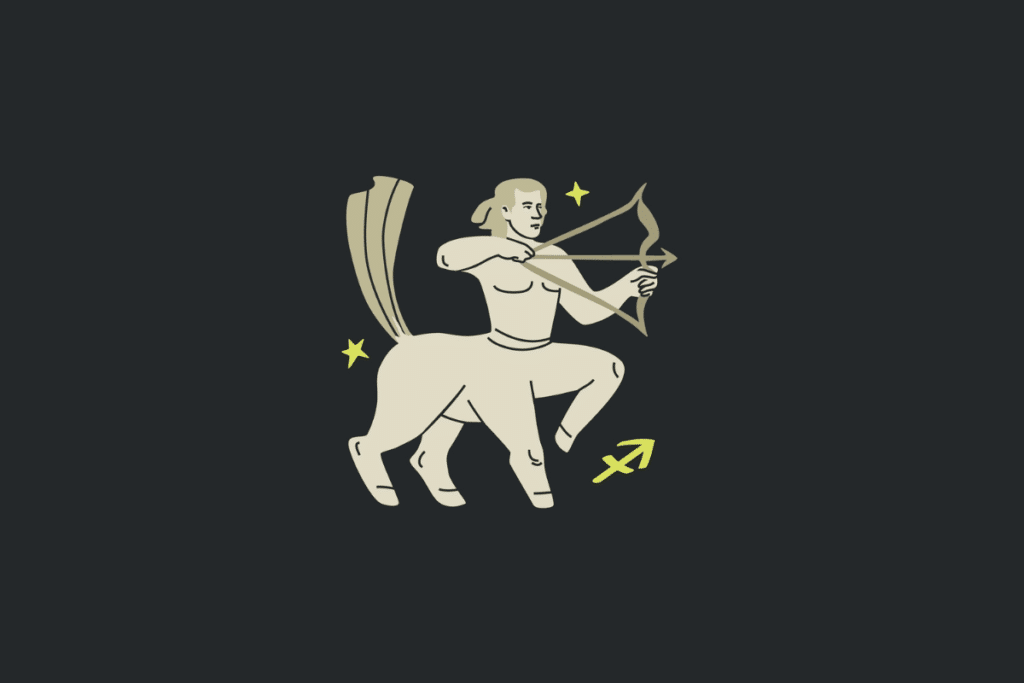 Ilustração minimalista em tom bege sobre fundo cinza-escuro representando o signo de Sagitário, com um centauro empunhando arco e flecha, o símbolo em forma de flecha amarela e pequenas estrelas.