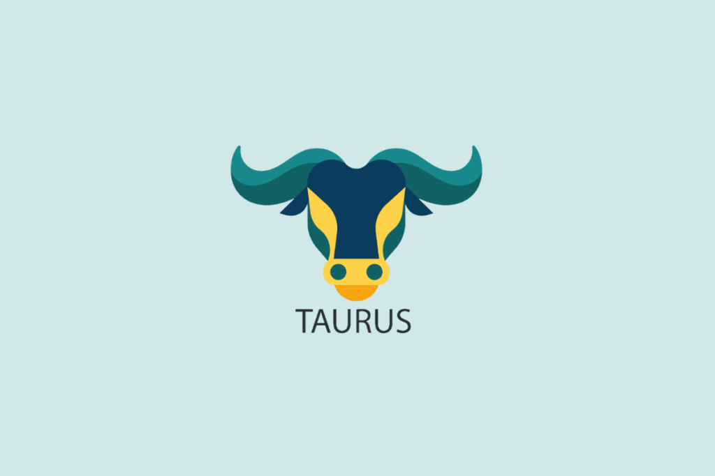 Ilustração vetorial em estilo plano da cabeça de um touro com grandes chifres curvos azuis e detalhes em amarelo, sobre um fundo azul-claro com a palavra "TAURUS" escrita abaixo.