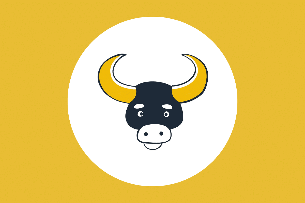 Ilustração minimalista da cabeça de um touro preto com chifres grandes e amarelos, dentro de um círculo branco sobre um fundo dourado.