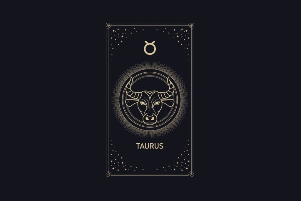 Ilustração em linhas douradas em fundo escuro com a palavra "Taurus". No centro, a cabeça de um touro de frente com chifres curvados dentro de um círculo iluminado, com o símbolo de Touro no topo e estrelas ao redor.