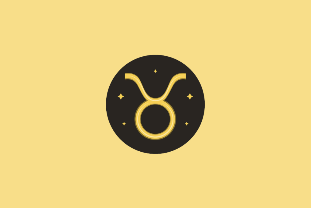 Símbolo do signo de Touro em um círculo preto sobre fundo amarelo.