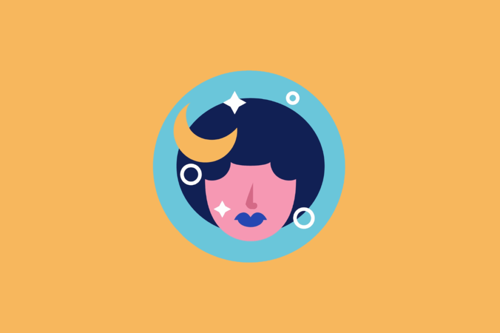 Ilustração vetorial em círculo azul-claro representando o signo de Virgem. Mostra o rosto de uma mulher estilizada com cabelo azul-escuro e lábios azuis, decorado com uma lua crescente laranja. A imagem está centrada em um fundo laranja