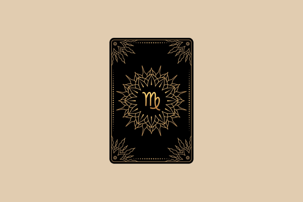 Ilustração de uma carta de tarô preta em fundo bege, com detalhes dourados em mandala e o símbolo do signo de Virgem no centro.