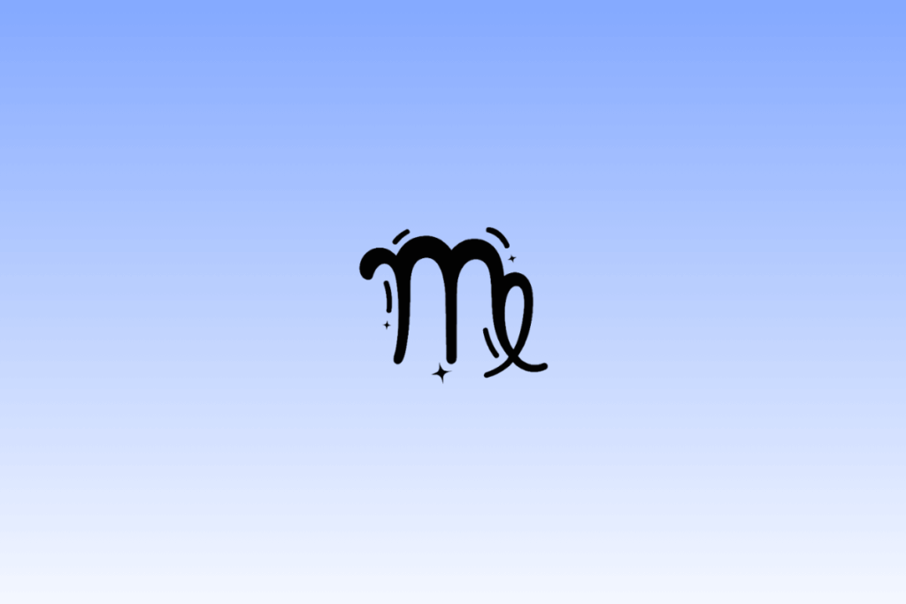 Ícone simples e centralizado do símbolo do signo de Virgem (a letra "m" estilizada), em preto sobre um fundo com gradiente azul suave. Há pequenas estrelas ao redor do símbolo.