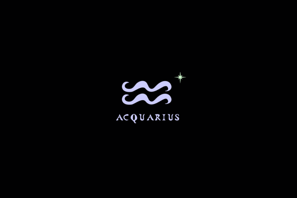 Ilustração do signo de Aquário, na cor roxa e com o nome abaixo, centralizado sobre fundo preto e com estrelas ao redor