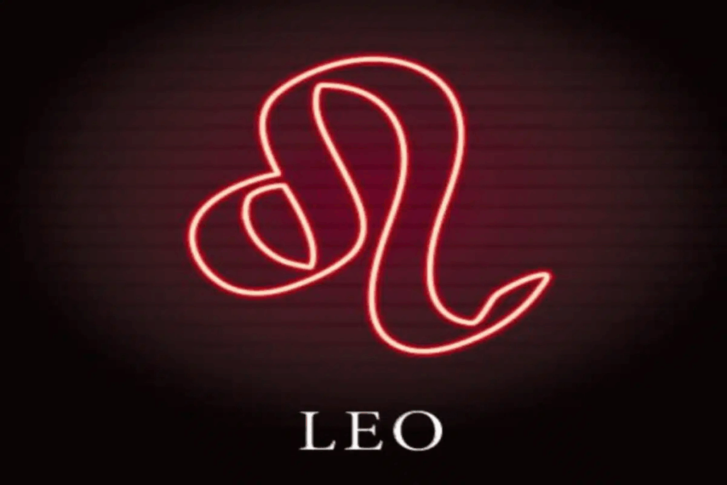 Ilustração do símbolo de leão em vermelho néon sobre o nome do signo em inglês