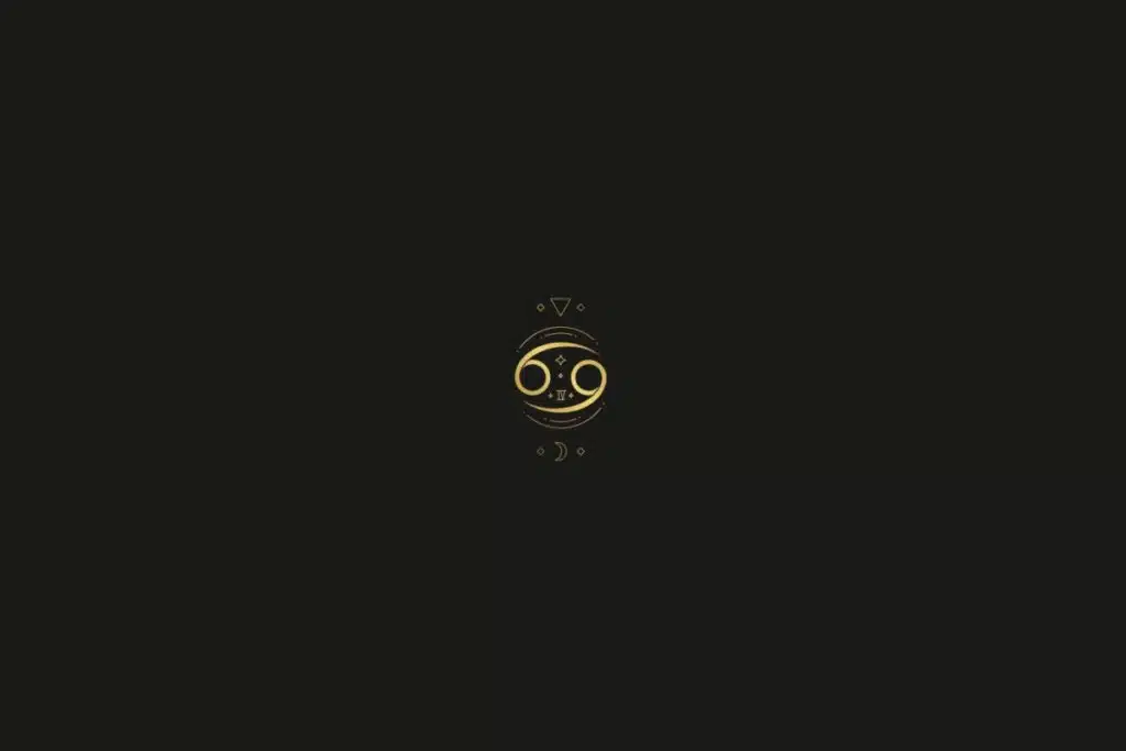Ilustração do signo de câncer na cor dourada, com estrelas, quadrados e triângulos ao redor, em um fundo preto