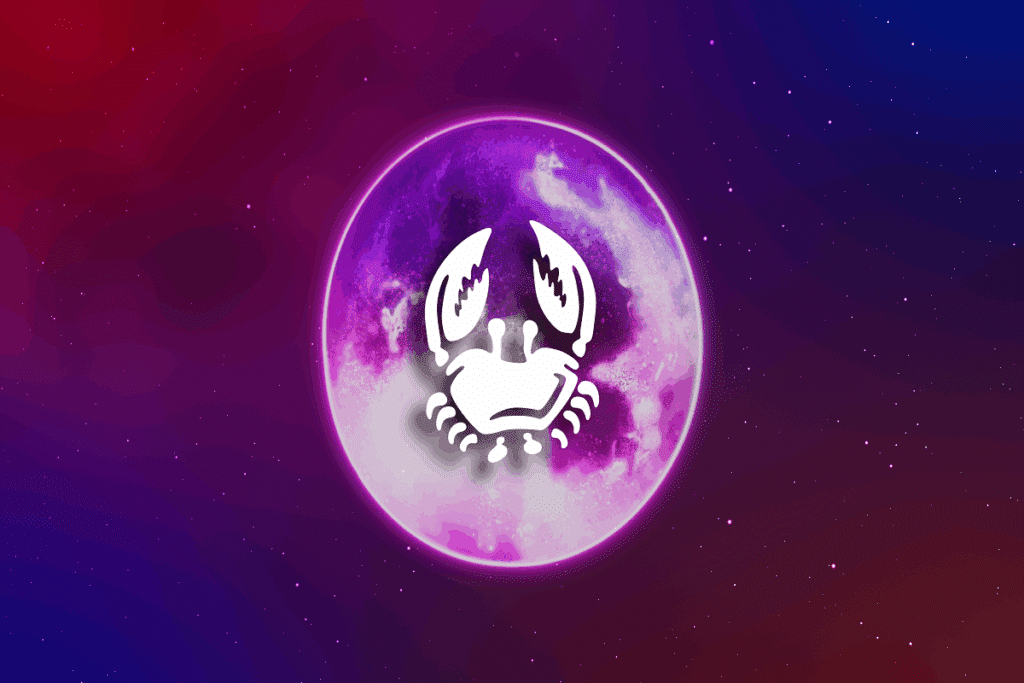 A imagem apresenta uma representação do signo de câncer, com a silhueta branca de um caranguejo posicionada no centro de uma lua em tons de roxo e rosa.