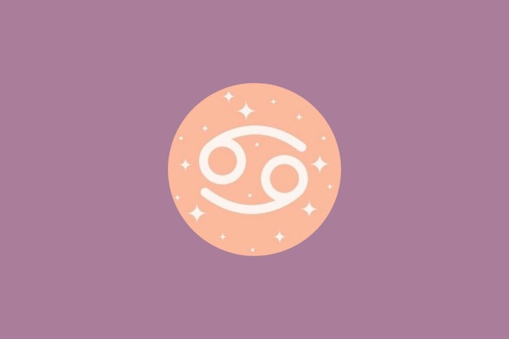Ilustração de círculo laranja com estrelas e símbolo do signo de câncer sobre fundo roxo