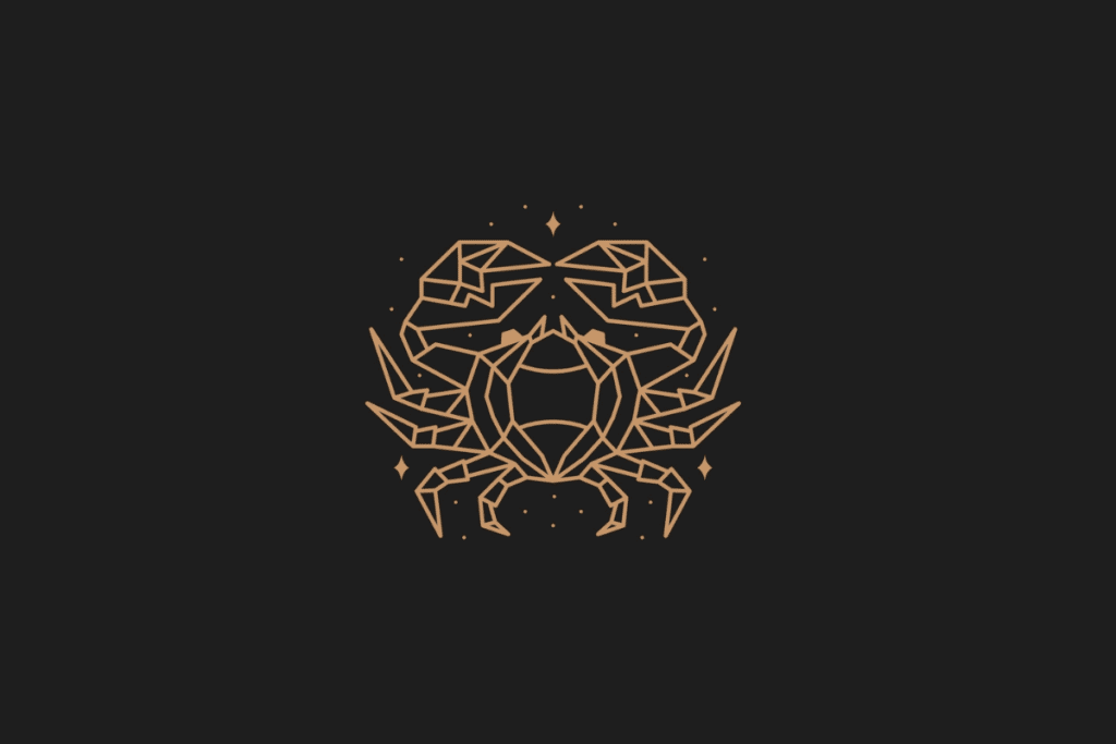 Ilustração do signo de câncer em dourado, com estrelas ao redor, centralizada sobre fundo preto
