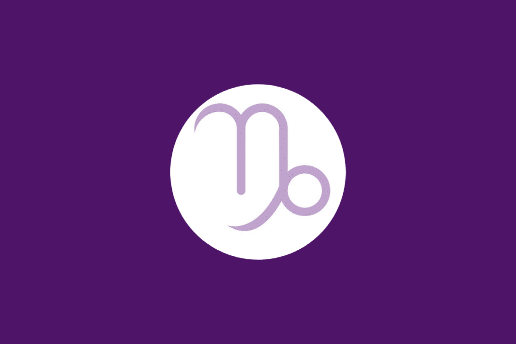 Círculo branco centralizado em fundo roxo e com o símbolo de capricórnio dentro