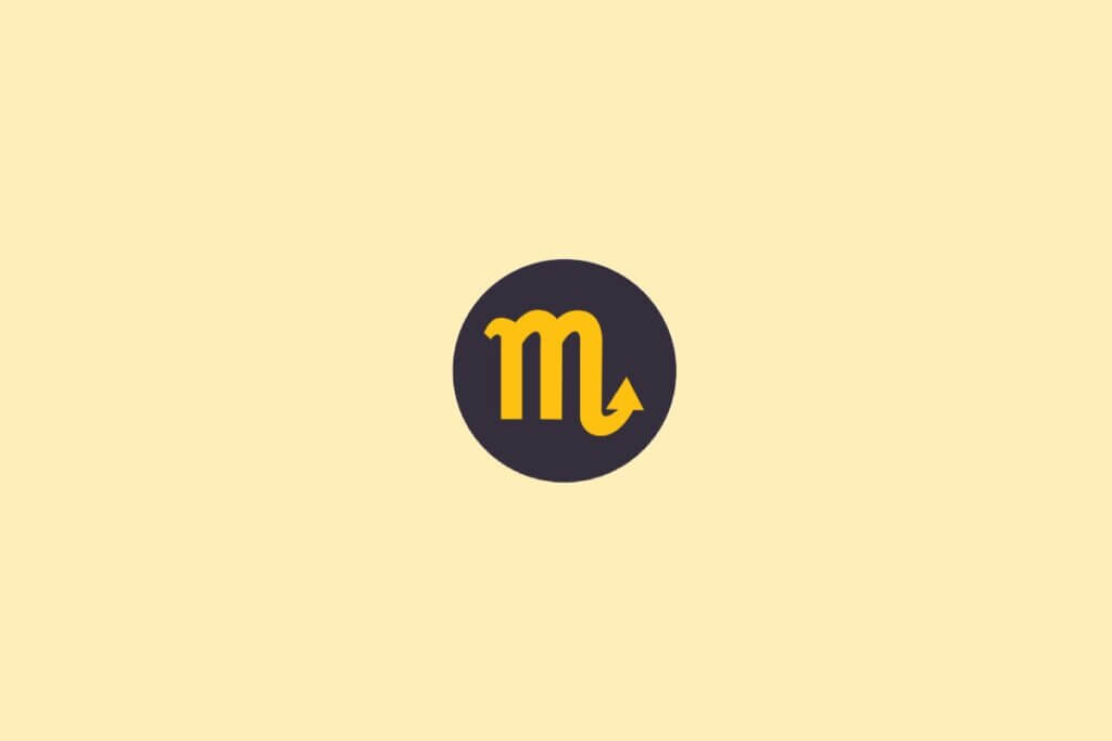 Um símbolo do signo de Escorpião em amarelo, dentro de um círculo escuro, sobre um fundo claro bege